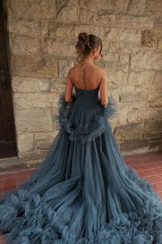 Modest Tulle A-Line Strapless Ruffle Party Prom Dress With Train
