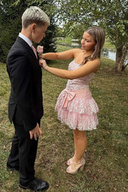 Cute Lace Strapless Ruffle Homecoming Dress With Bow