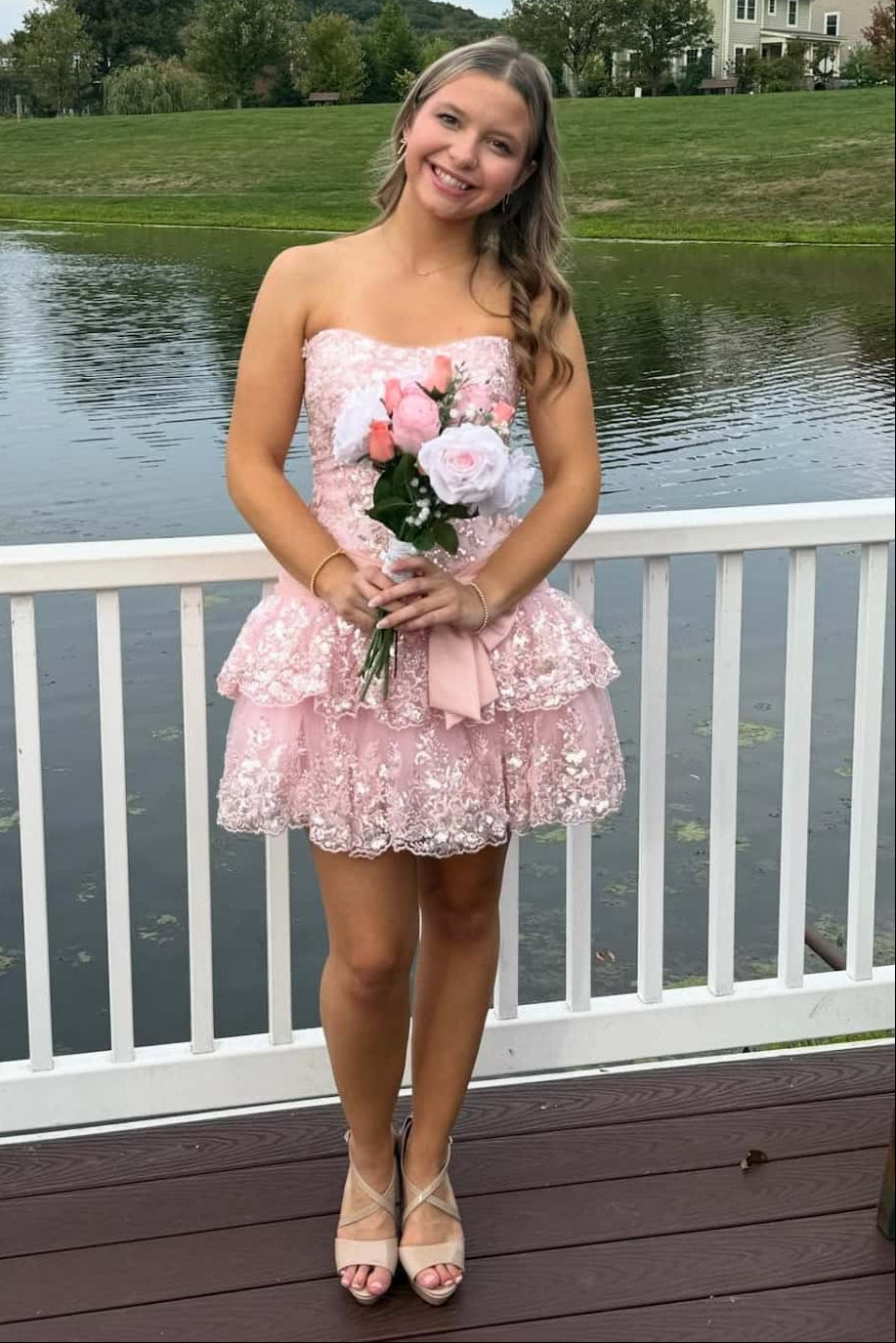 Cute Lace Strapless Ruffle Homecoming Dress With Bow