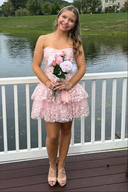 Cute Lace Strapless Ruffle Homecoming Dress With Bow