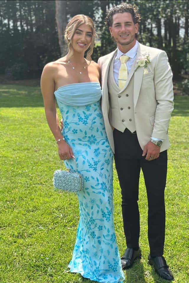 Pretty Strapless Blue Floral Fitted Long Party Prom Dress