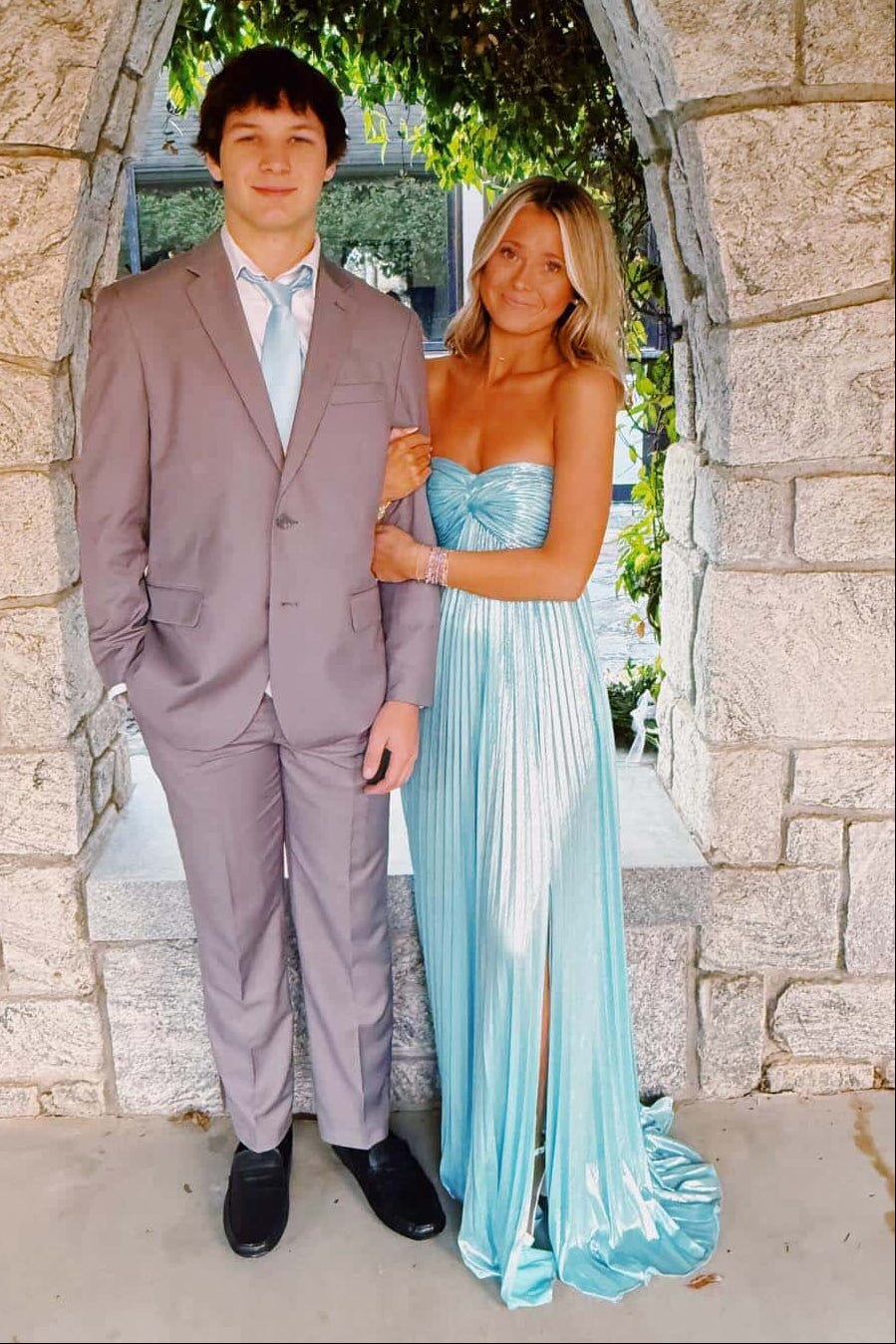 Blue Satin A-Line Sweetheart Strapless Party Prom Dress With Slit