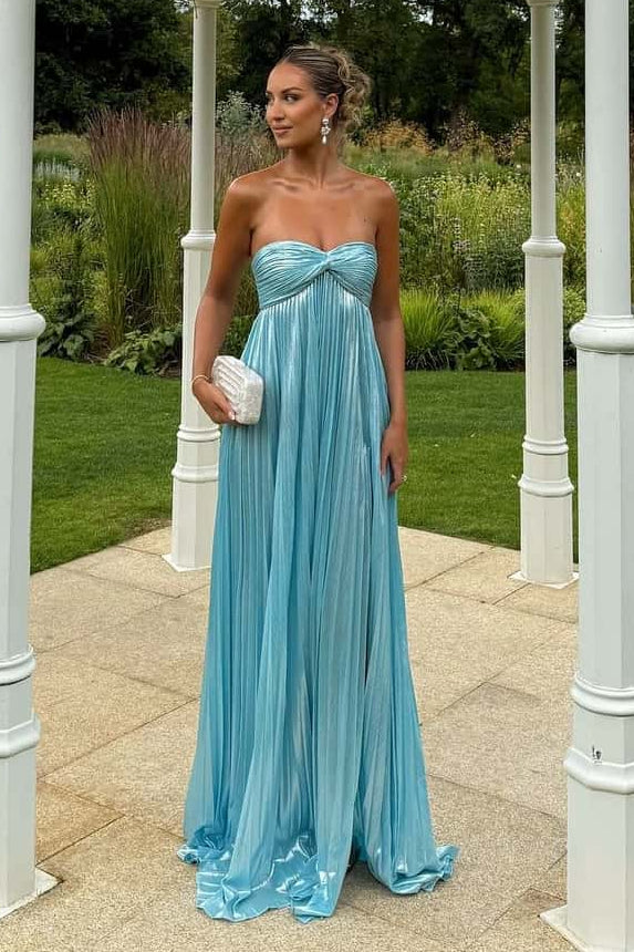 Blue Satin A-Line Sweetheart Strapless Party Prom Dress With Slit