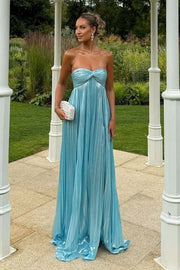 Blue Satin A-Line Sweetheart Strapless Party Prom Dress With Slit