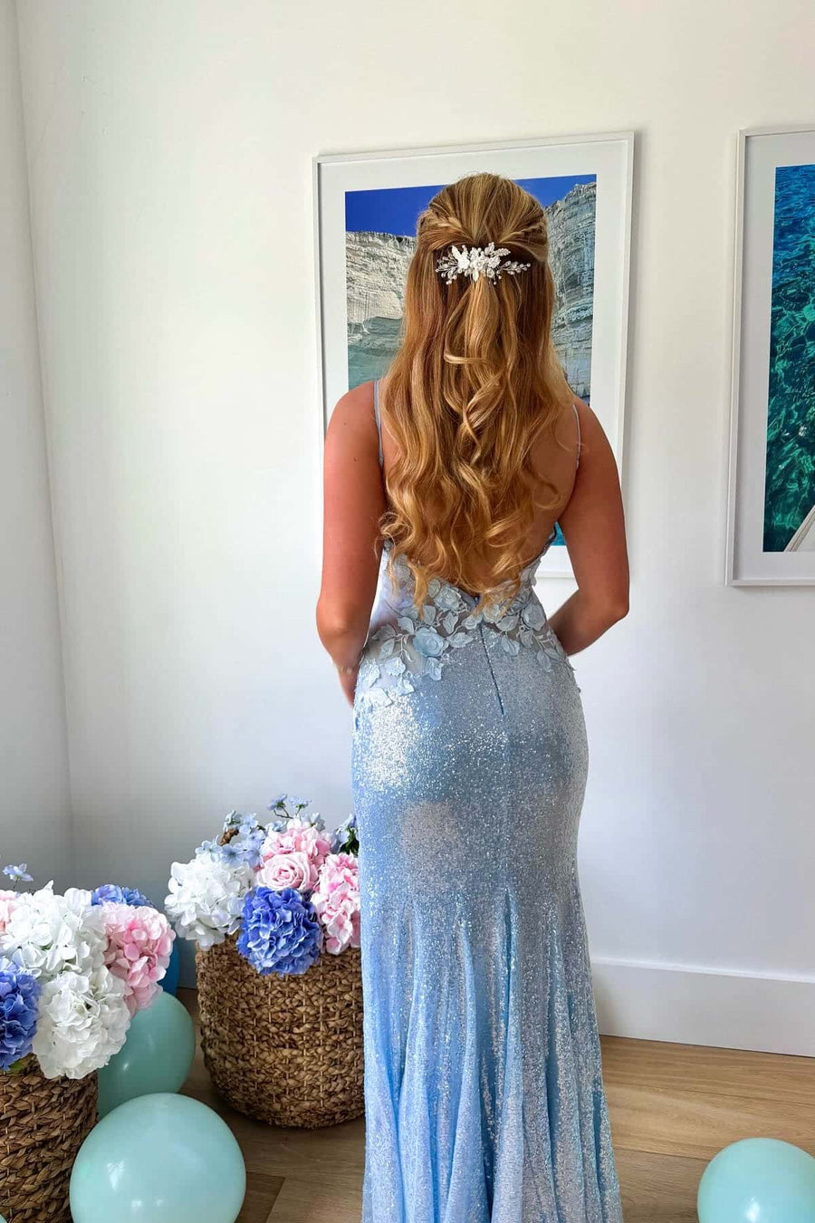 Sexy Sequins Mermaid V-Neck Backless Floral Appliques Party Prom Dress