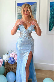 Sexy Sequins Mermaid V-Neck Backless Floral Appliques Party Prom Dress