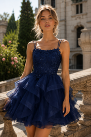Navy Blue A-Line Straps Lace-Up Tiered Lace And Tulle Homecoming Dress 