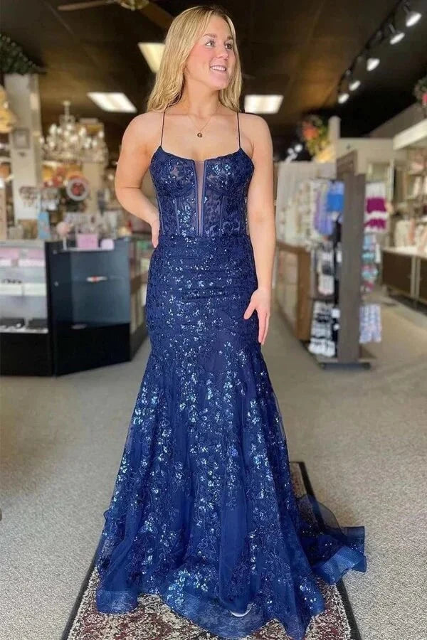 Navy Blue Mermaid Bateau Tulle Appliques Party Prom Dress