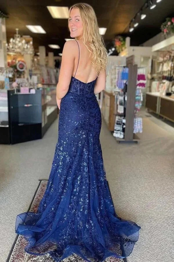 Navy Blue Mermaid Bateau Tulle Appliques Party Prom Dress