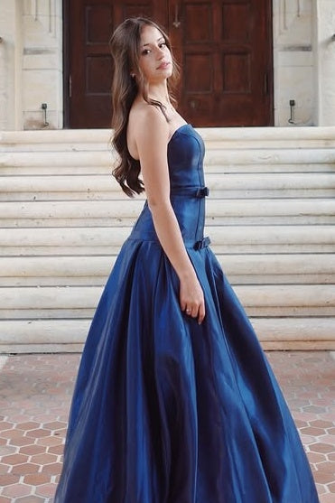 Navy Blue Satin A-Line Strapless Floor-Length Party Prom Dress