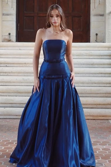 Navy Blue Satin A-Line Strapless Floor-Length Party Prom Dress