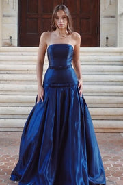Navy Blue Satin A-Line Strapless Floor-Length Party Prom Dress