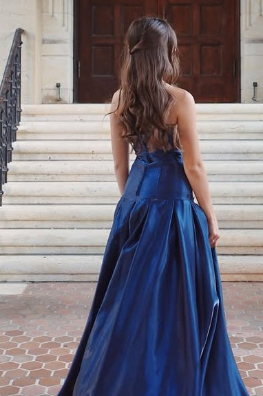 Navy Blue Satin A-Line Strapless Floor-Length Party Prom Dress