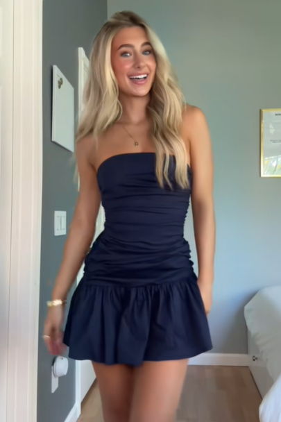 Navy Blue Satin Strapless Pleated Empire Homecoming Party Dress