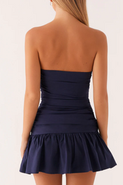Navy Blue Satin Strapless Pleated Empire Homecoming Party Dress