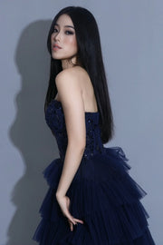 Navy Blue Sweetheart Sleeveless Appliques Tiered Party Prom Dress