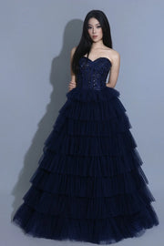 Navy Blue Sweetheart Sleeveless Appliques Tiered Party Prom Dress