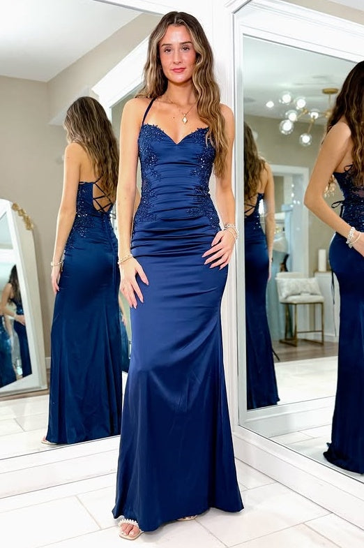 Navy Blue Sweetheart Sleeveless Lace Appliques Satin Party Prom Dress