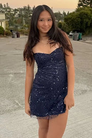 Navy Blue V-Neck Spaghetti Straps Sparkly Homecoming Dress