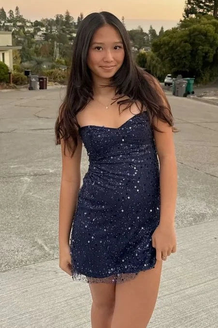 Navy Blue V-Neck Spaghetti Straps Sparkly Homecoming Dress