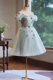 A-Line Off the Shoulder Tulle with Hand Made Flower Homecoming Dress