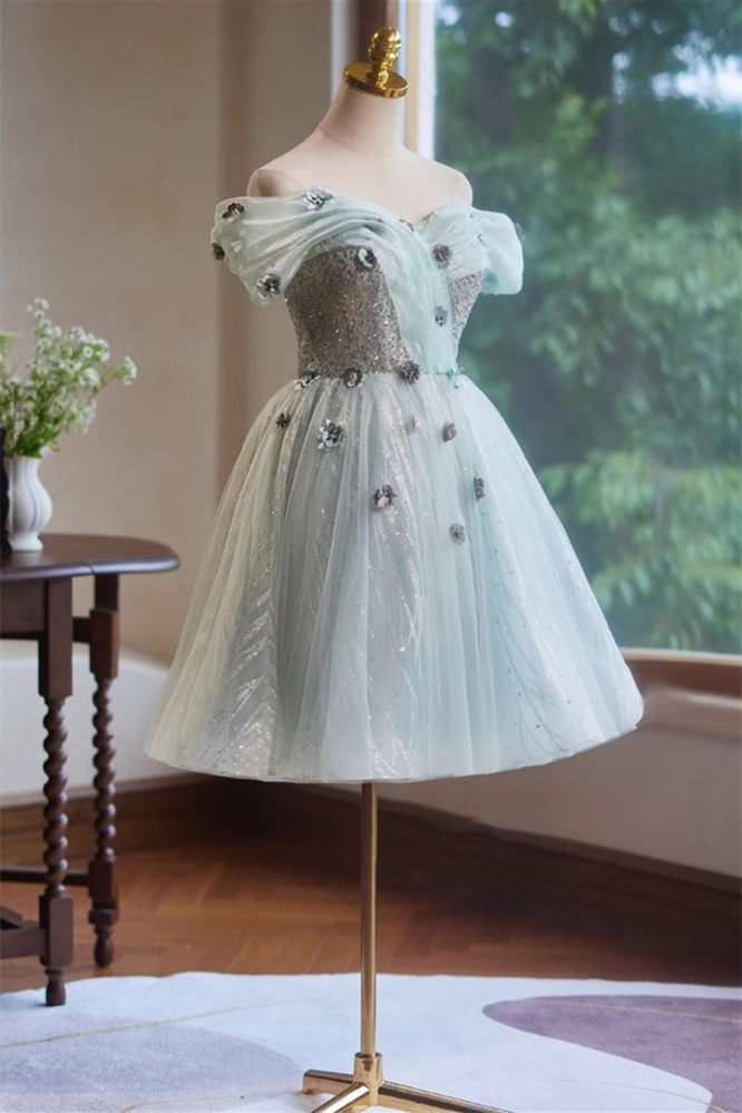 A-Line Off the Shoulder Tulle with Hand Made Flower Homecoming Dress