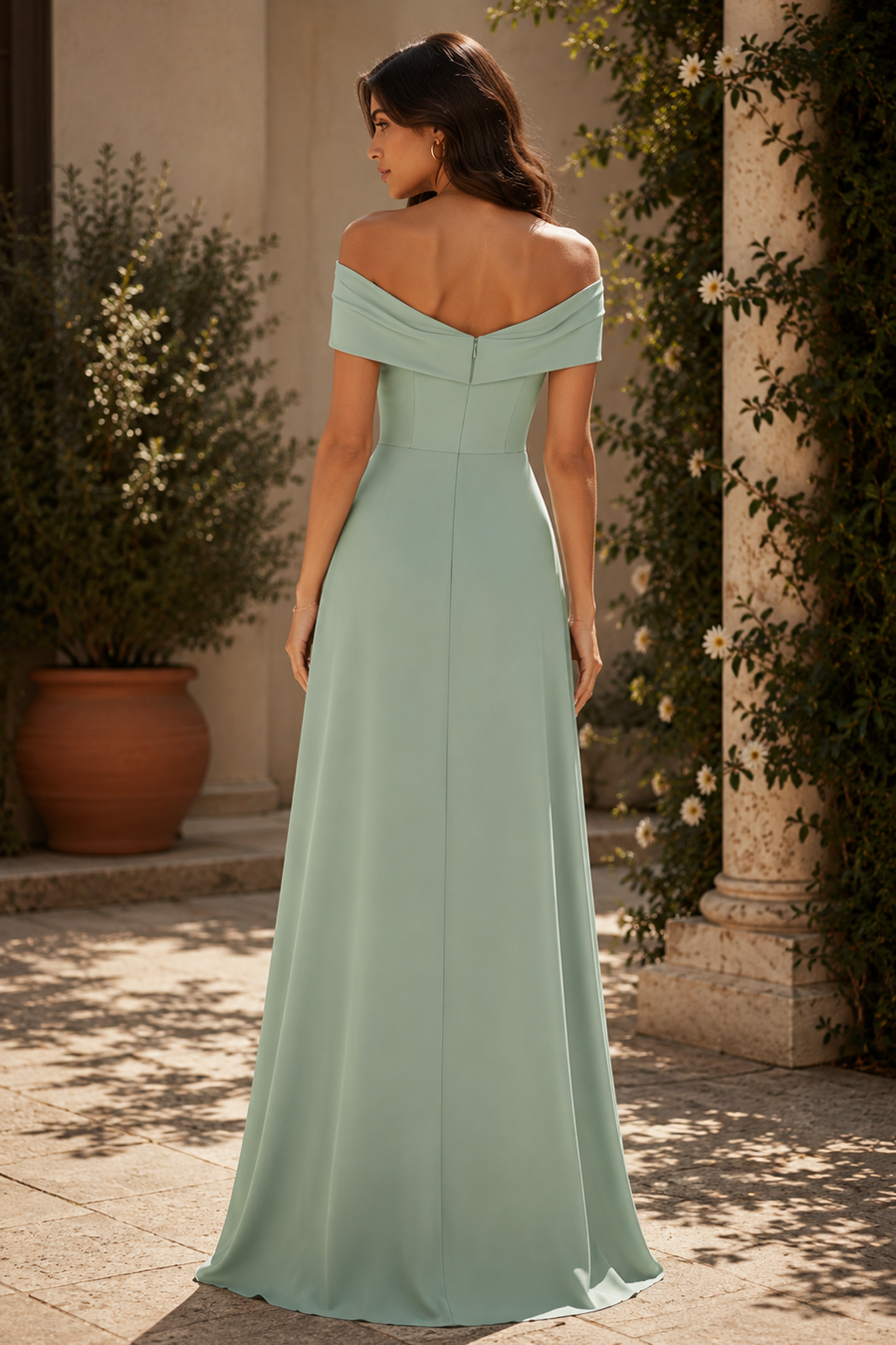 Off-Shoulder A-Line Empire Satin Long Elegant Bridesmaid Dress