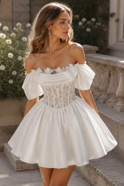 Off-Shoulder A-Line Floral Lace And Satin Short Homecoming Dress