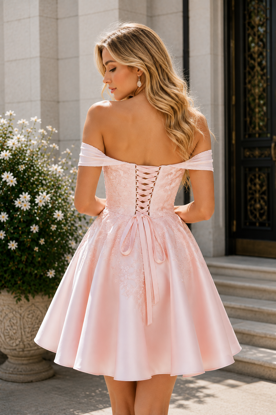 Off-Shoulder A-Line Lace Appliques Satin Mini Homecoming Dress