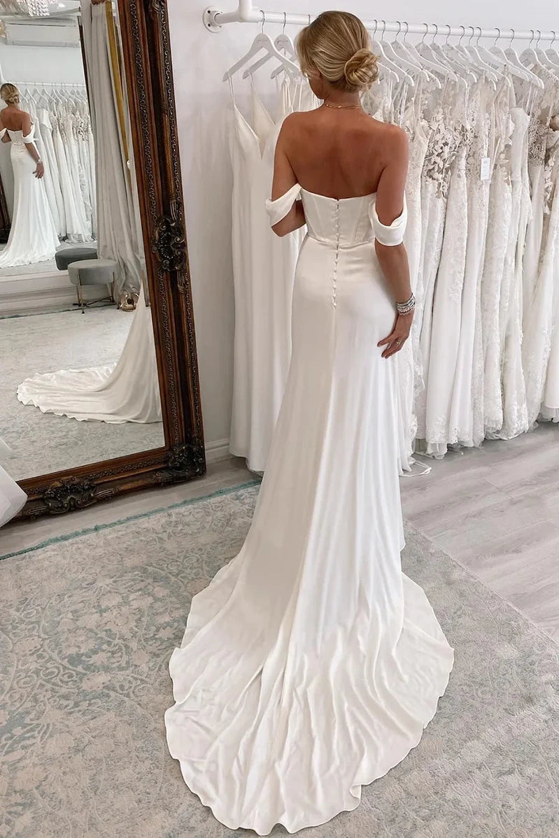 white satin dress with train A-Line One-Shoulder Sleeveless Satin Cathedral Train Wedding Dress