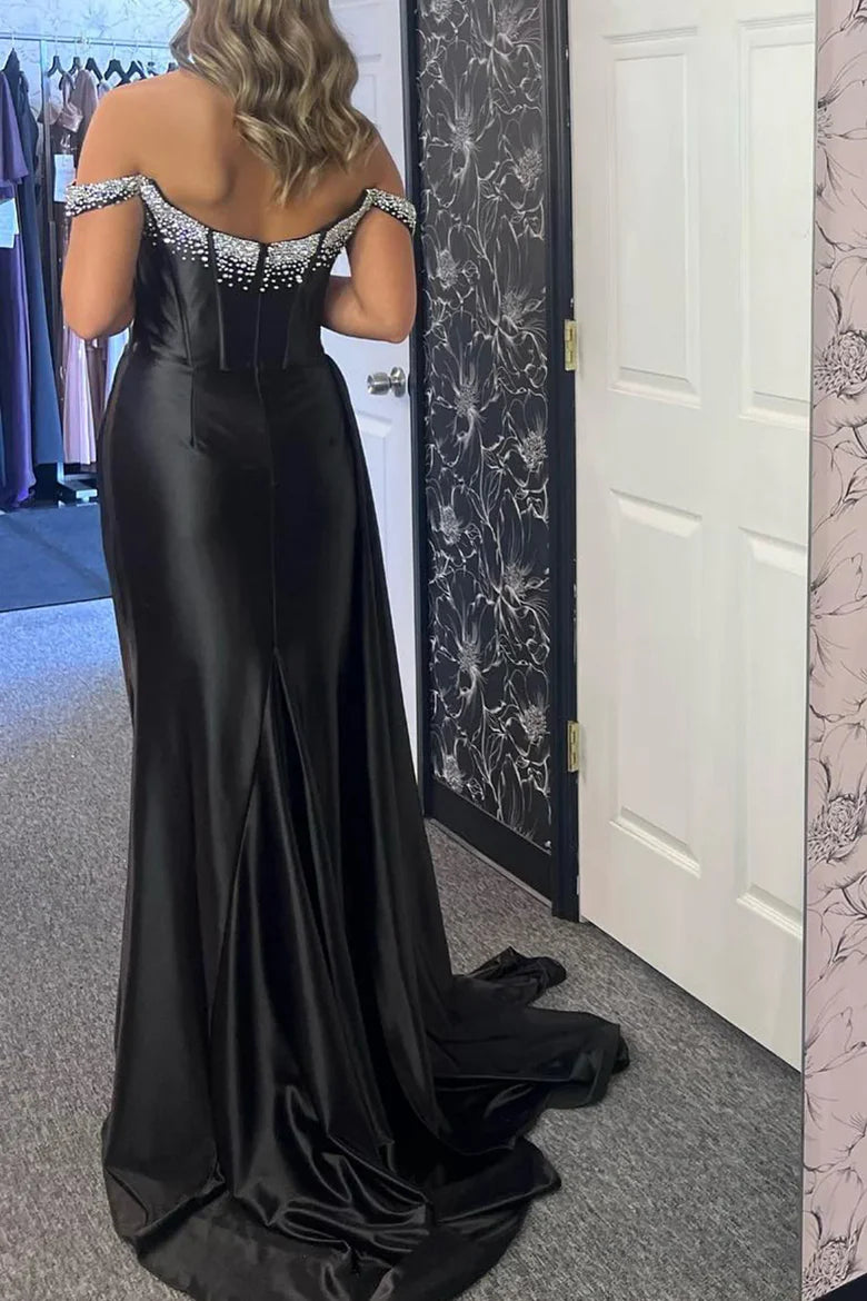 Off-Shoulder Beaded Empire Mermaid Prom Dress With Train