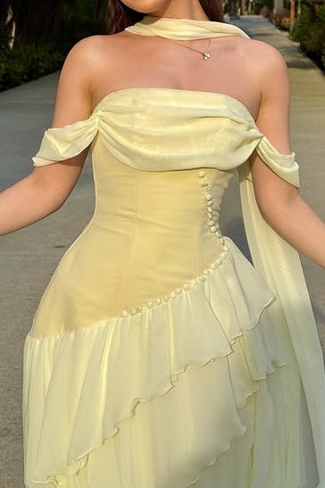 Off-Shoulder Chiffon A-Line Empire Tiered Maxi Party Prom Dress
