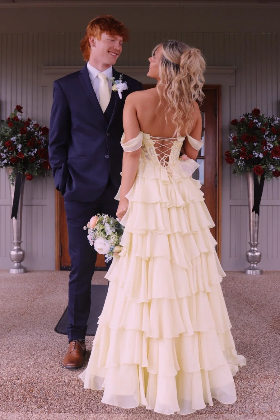 Off-Shoulder Chiffon A-Line Tiered Party Prom Dress With Slit