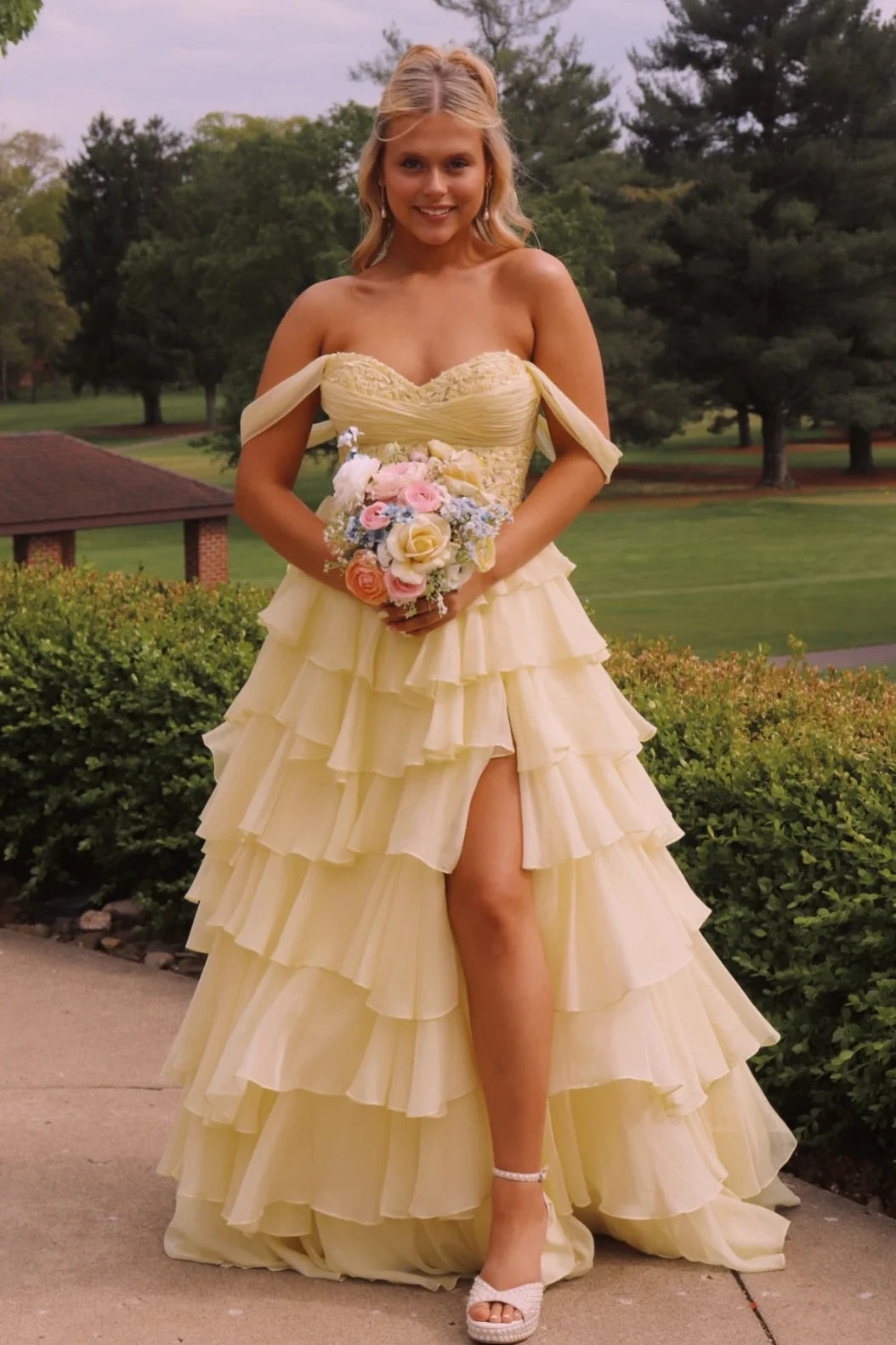Off-Shoulder Chiffon A-Line Tiered Party Prom Dress With Slit