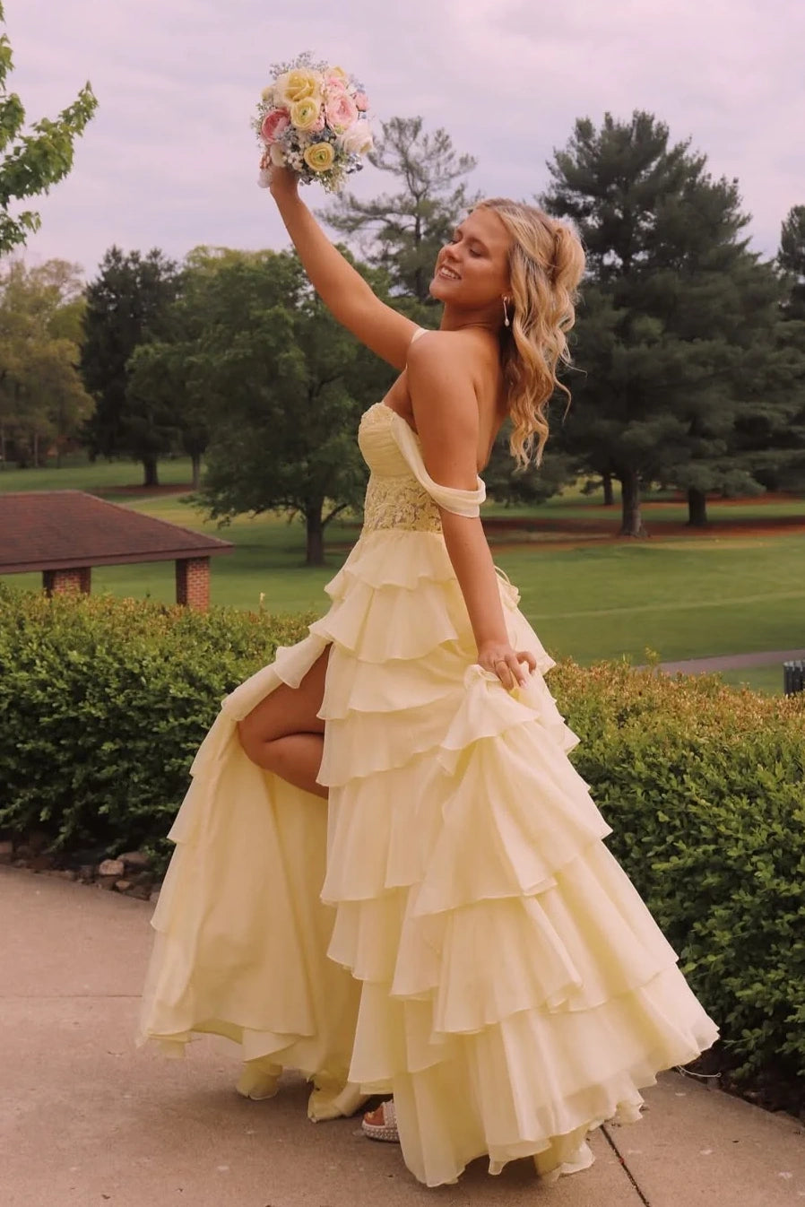 Off-Shoulder Chiffon A-Line Tiered Party Prom Dress With Slit