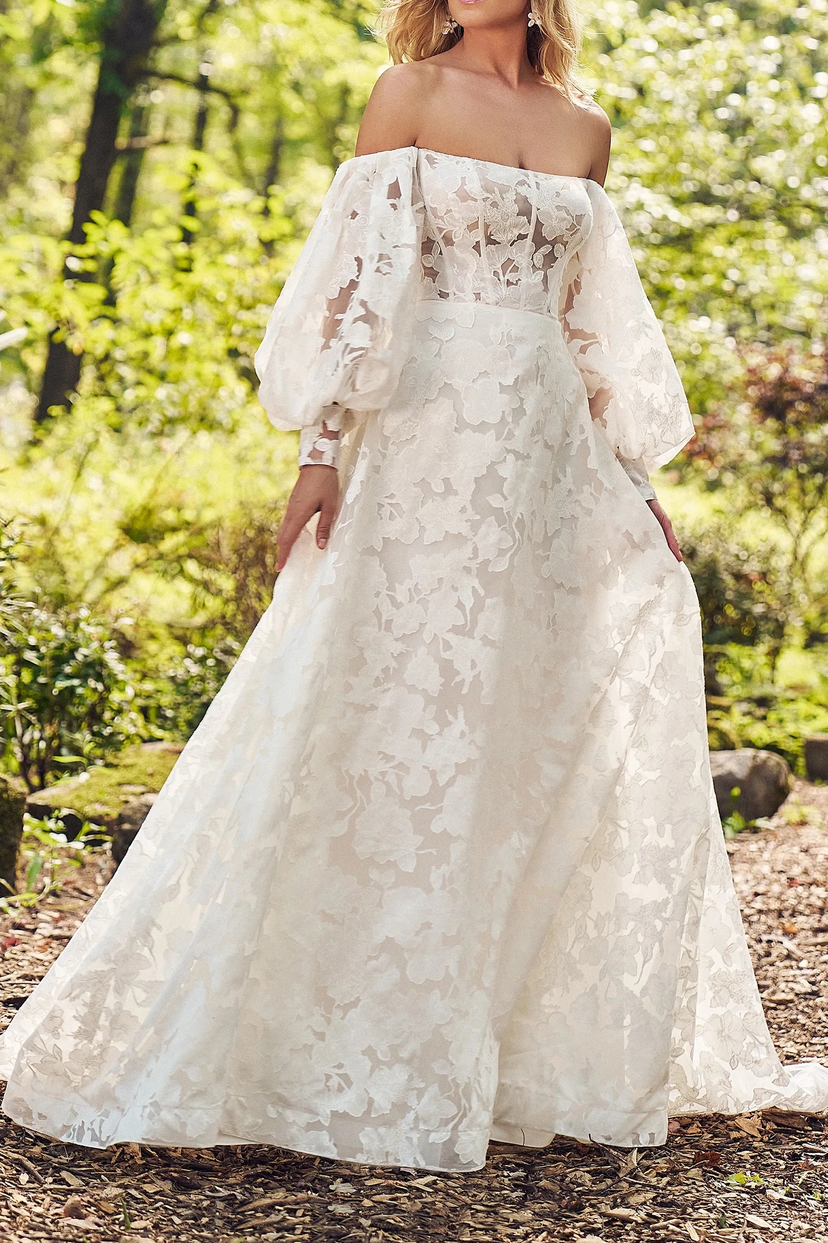 Off-Shoulder Detachable Long Sleeves Lace A-Line Wedding Dress Custom Color / US 4 Off-Shoulder Detachable Long Sleeves Lace A-Line Wedding Dress Custom Color / US 4