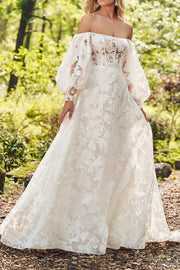 Off-Shoulder Detachable Long Sleeves Lace A-Line Wedding Dress