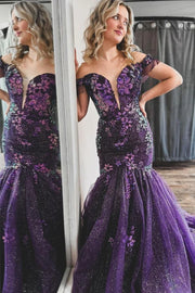 Off-Shoulder Empire Appliques Mermaid Formal Prom Dress