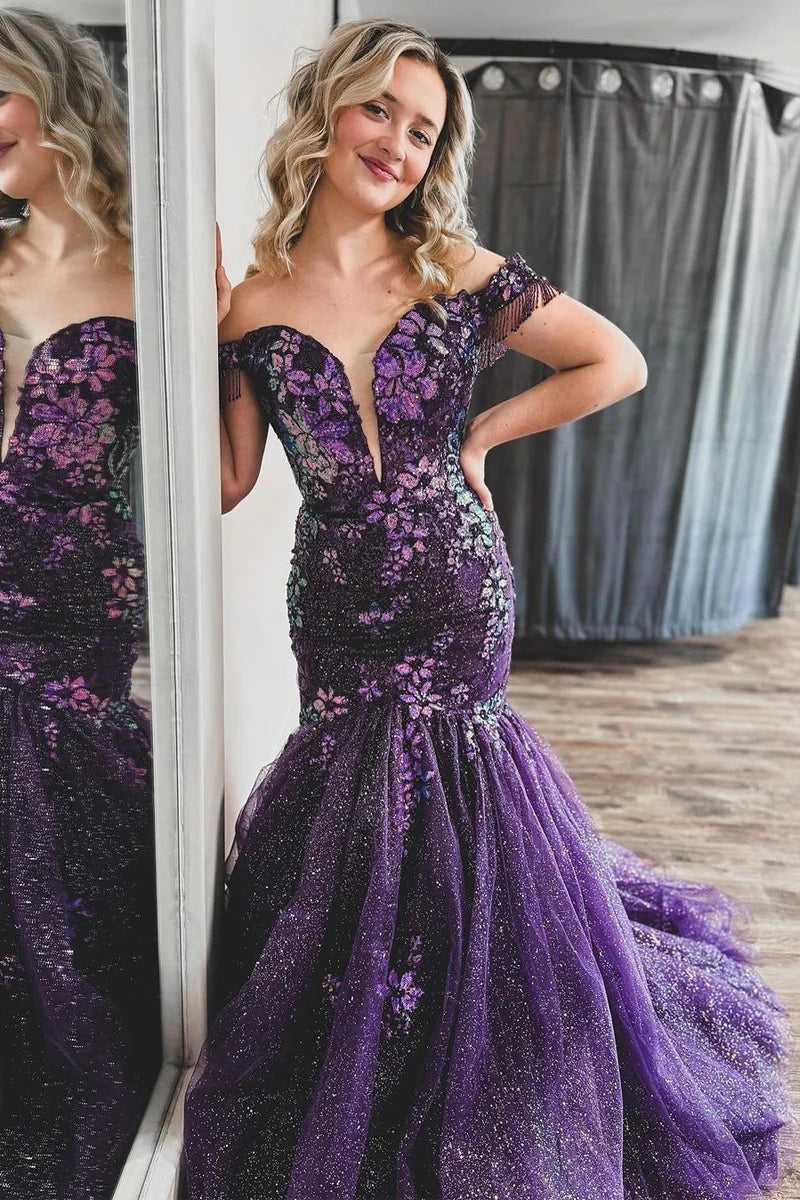 Off-Shoulder Empire Appliques Mermaid Formal Prom Dress