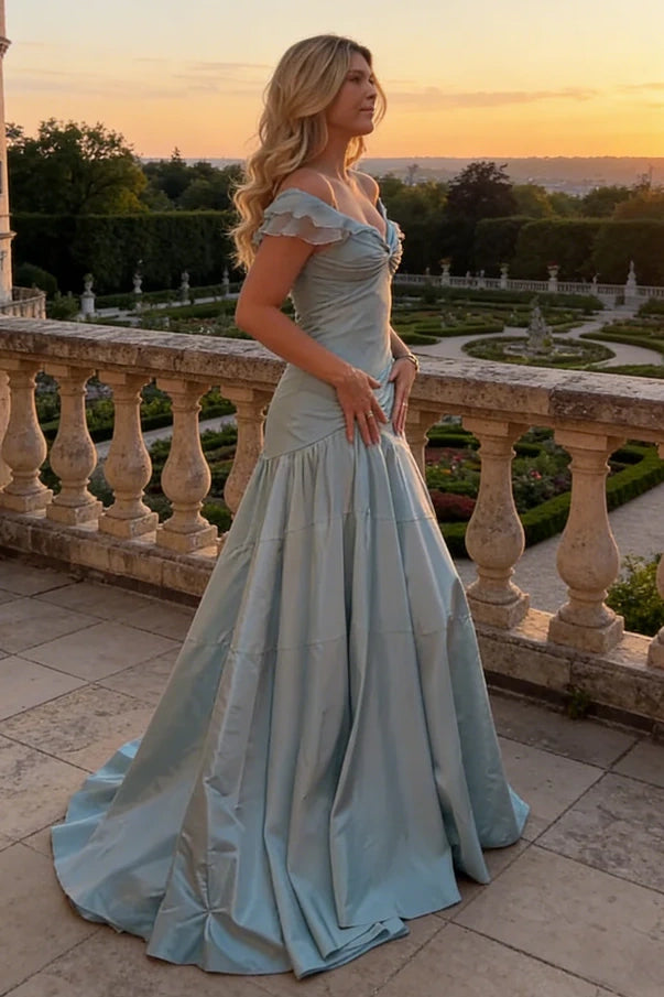 Off-Shoulder Empire Satin A-Line Party Prom Dress With Train