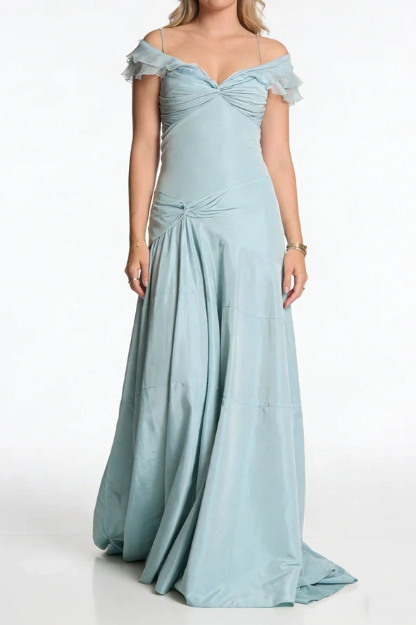 Off-Shoulder Empire Satin A-Line Party Prom Dress With Train
