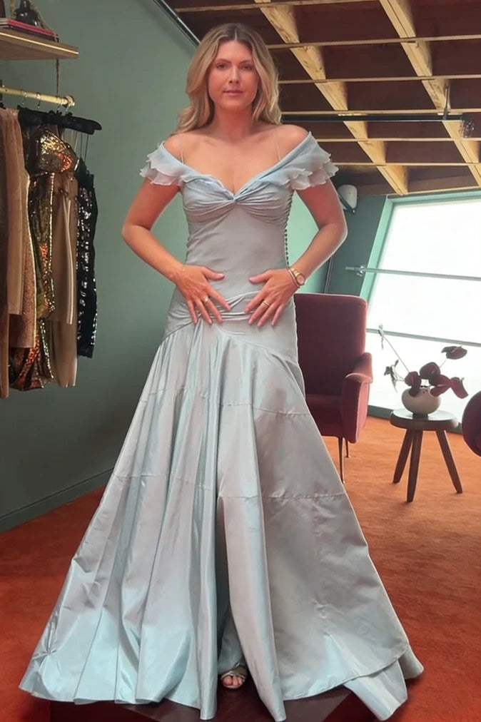 Off-Shoulder Empire Satin A-Line Party Prom Dress With Train