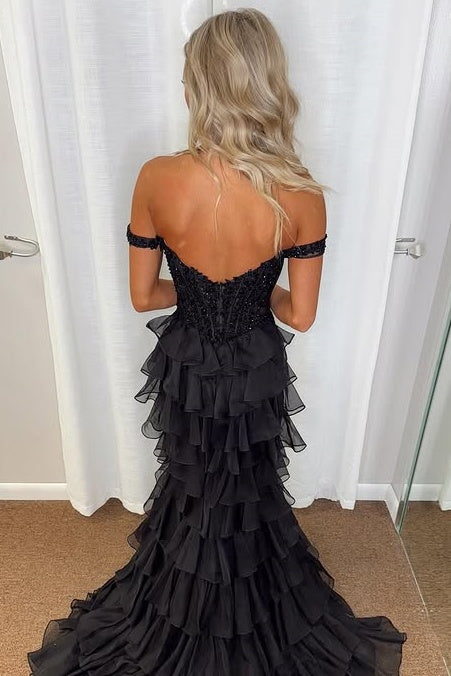 Off-Shoulder Empire Two Tone Tiered Train Prom Dress