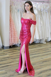 Off-Shoulder Empire With Side Slit Sparkly Party Prom Dress