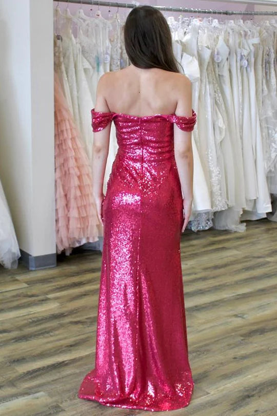 Off-Shoulder Empire With Side Slit Sparkly Party Prom Dress