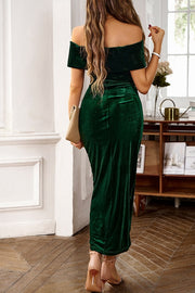 Off-Shoulder Fitted Ruched Empire Velvet Party Evening Dress
