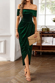 Off-Shoulder Fitted Ruched Empire Velvet Party Evening Dress