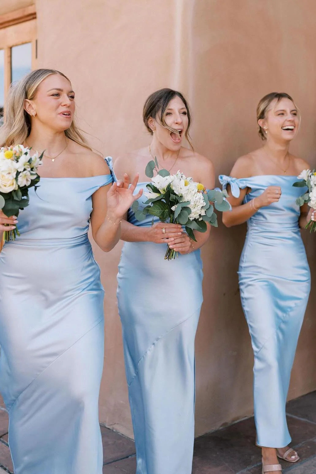 Off-Shoulder Fitted Satin Empire Summer Bridesmaid Dress