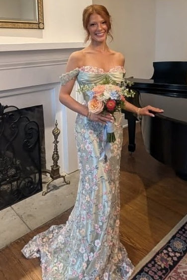 Off-Shoulder Floral And Satin Mermaid Party Prom Dress