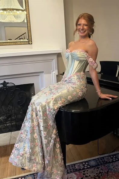 Off-Shoulder Floral And Satin Mermaid Party Prom Dress